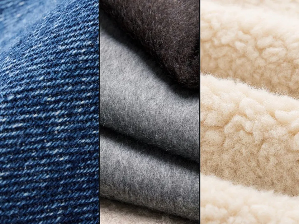 Denim varsity and fleece jacket fabric textures