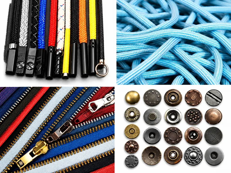 Zippers, pullers, snaps, buttons, cords, cord ends, metal plates & rivets